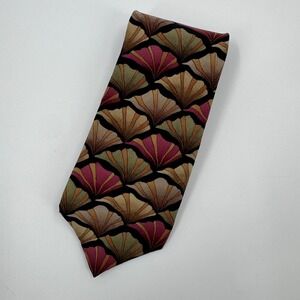 J. Garcia Mens Silk Necktie Abstract Fan Geometric Pattern Burgundy Green Tan